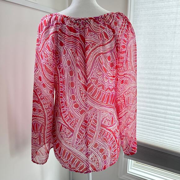 Trina Turk Pink Purple Small Silk Blend Resortwear Flowy Blouse Boho Coastal - Picture 5 of 7